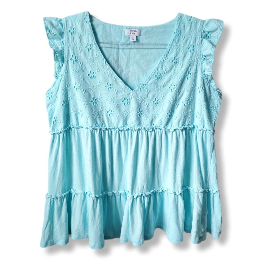 Crown & Ivy Aqua Blue Ruffle Eyelet Babydoll Top L Preppy Cottage Coastal